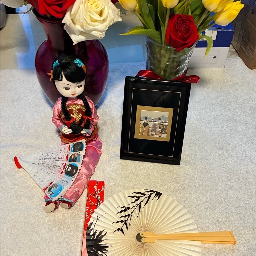 Bundle Packages))).  1 Vintage Asian Dolls & 2 Vintage Fans , And 1  Note Book